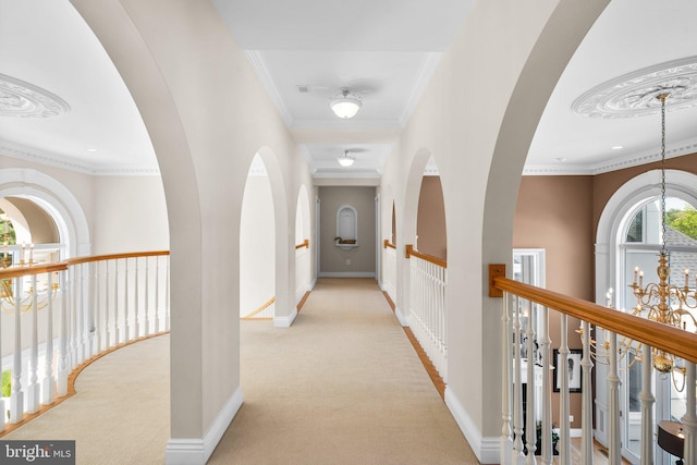 285 Eagle Hill Rd, Pasadena, MD 21122 - hall featuring baseboards, ornamental molding, carpet, and a chandelier