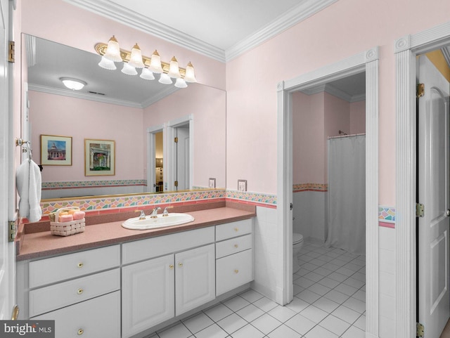 285 Eagle Hill Rd, Pasadena, MD 21122 - full bathroom with crown molding, tile walls, tile patterned floors, vanity, and toilet