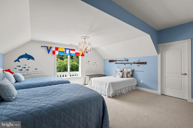 285 Eagle Hill Rd, Pasadena, MD 21122 - bedroom featuring carpet floors, a notable chandelier, vaulted ceiling, and baseboards