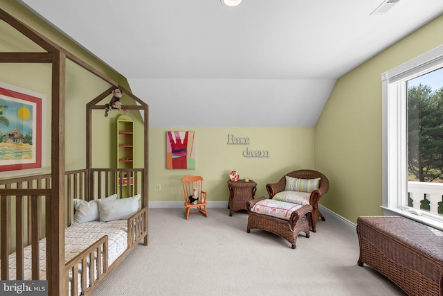 285 Eagle Hill Rd, Pasadena, MD 21122 - interior space with baseboards, visible vents, carpet, and lofted ceiling