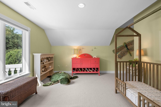 285 Eagle Hill Rd, Pasadena, MD 21122 - bedroom featuring visible vents, baseboards, vaulted ceiling, and carpet