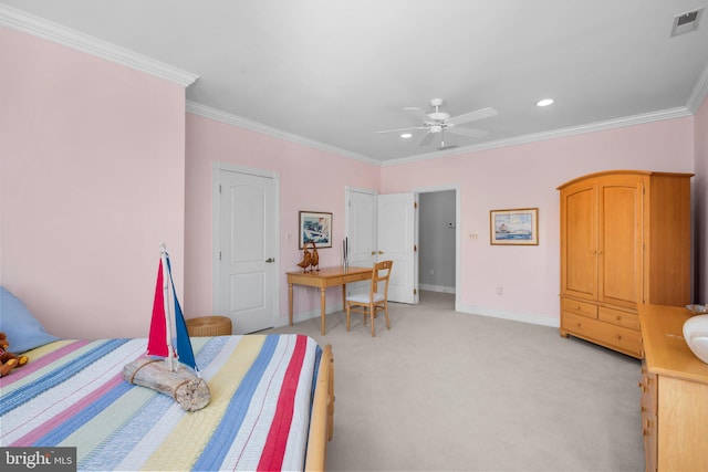285 Eagle Hill Rd, Pasadena, MD 21122 - bedroom with visible vents, ornamental molding, light carpet, baseboards, and recessed lighting