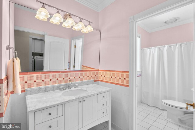 285 Eagle Hill Rd, Pasadena, MD 21122 - full bathroom with crown molding, tile walls, tile patterned flooring, vanity, and toilet