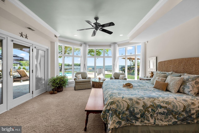 285 Eagle Hill Rd, Pasadena, MD 21122 - carpeted bedroom featuring ornamental molding, a water view, multiple windows, and access to exterior