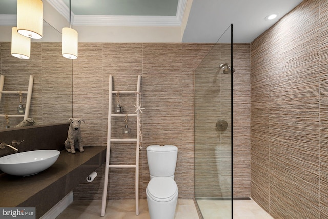 285 Eagle Hill Rd, Pasadena, MD 21122 - bathroom featuring walk in shower, tile walls, ornamental molding, and a sink