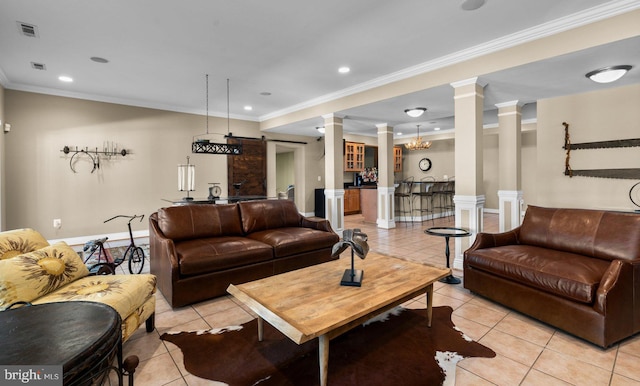 285 Eagle Hill Rd, Pasadena, MD 21122 - living room featuring ornate columns, light tile patterned flooring, and visible vents