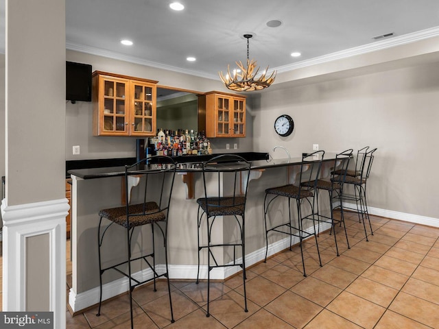 285 Eagle Hill Rd, Pasadena, MD 21122 - bar with visible vents, ornamental molding, a chandelier, and recessed lighting