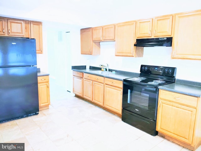18478 Stone Holw, Germantown, MD 20874 - kitchen with under cabinet range hood, a sink, black appliances, and light brown cabinetry