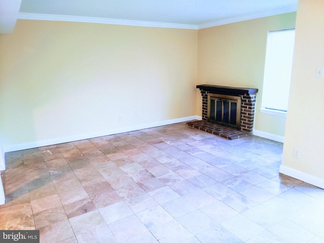 18478 Stone Holw, Germantown, MD 20874 - unfurnished living room with ornamental molding, a brick fireplace, and baseboards
