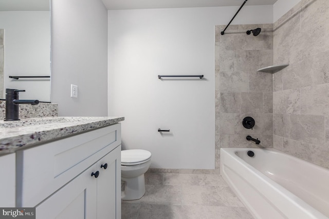 full bath featuring vanity, baseboards, shower / bathtub combination, and toilet
