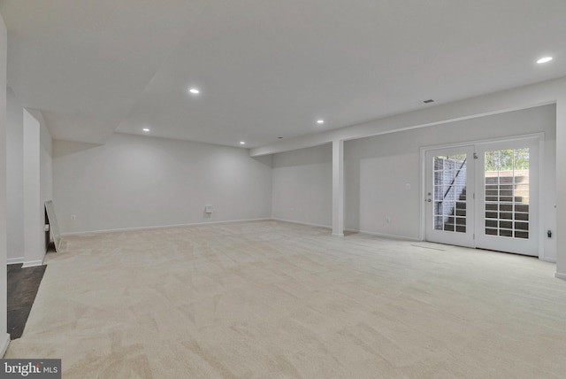 basement featuring recessed lighting, carpet flooring, and baseboards