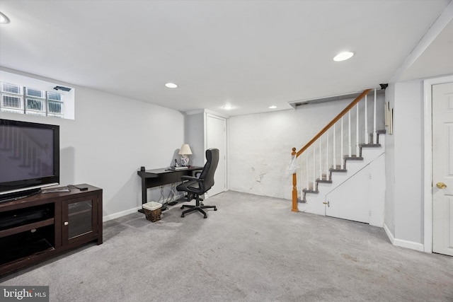 office area with carpet floors, recessed lighting, and baseboards