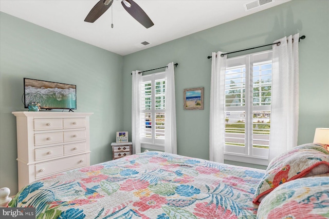 bedroom featuring a ceiling fan and visible vents
