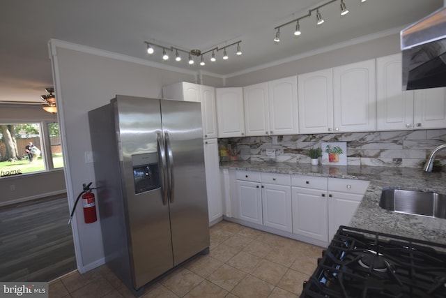 26 Southampton Dr, Willingboro, NJ 08046 - kitchen with stainless steel refrigerator with ice dispenser, a sink, light tile patterned flooring, decorative backsplash, and white cabinetry