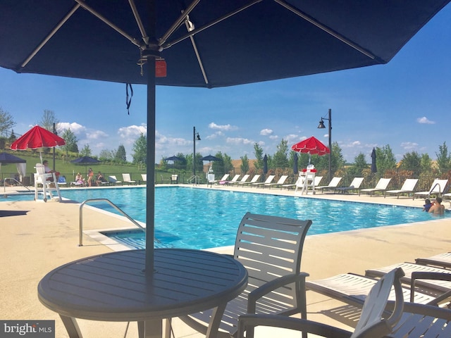 community pool with a patio and fence
