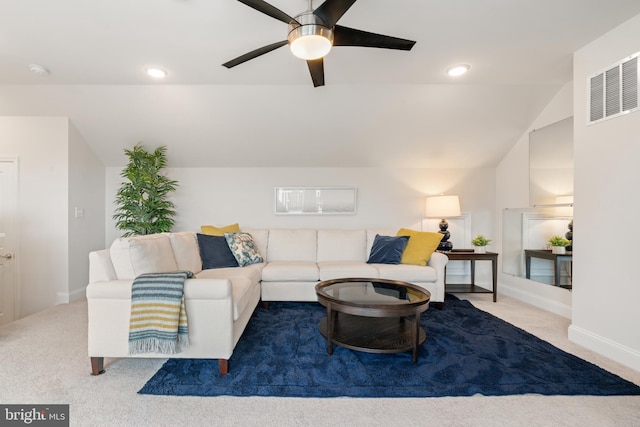 17181 Branched Oak Rd, Dumfries, VA 22026 - carpeted living room featuring a ceiling fan, vaulted ceiling, baseboards, and recessed lighting