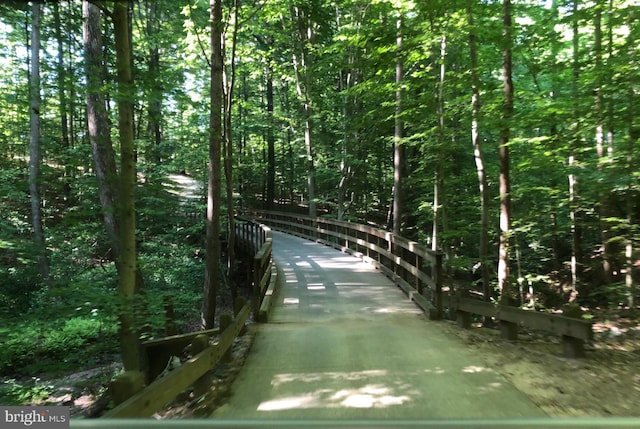 view of road with a wooded view