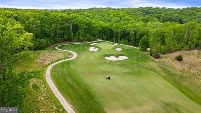 drone / aerial view with a view of trees and golf course view