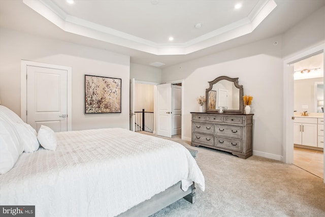 17438 Southern Shores Dr, Dumfries, VA 22026 - bedroom featuring a tray ceiling, light carpet, ornamental molding, recessed lighting, and ensuite bath