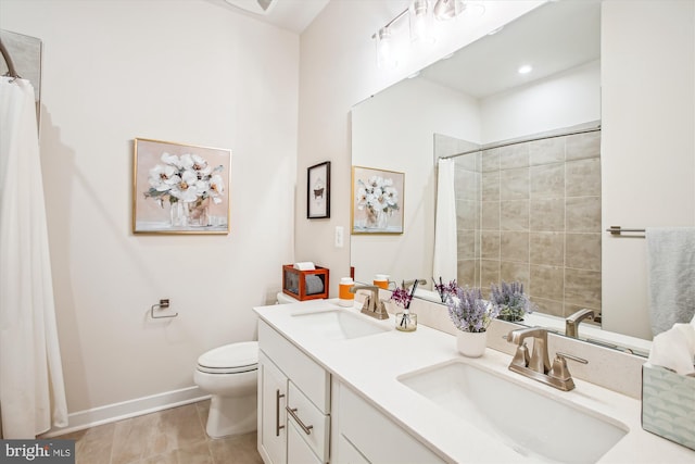17438 Southern Shores Dr, Dumfries, VA 22026 - full bathroom featuring toilet, tile patterned floors, double vanity, baseboards, and a shower with curtain