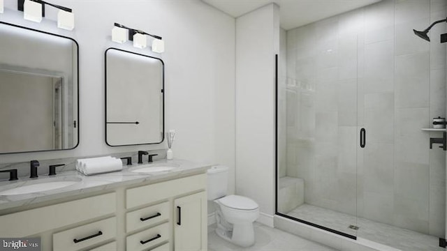 full bath featuring a sink, a stall shower, toilet, and double vanity