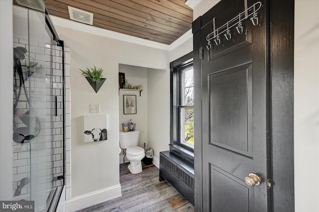 739 Lefever Rd, Thomasville, PA 17364 - full bathroom featuring wood ceiling, visible vents, wood finished floors, toilet, and radiator