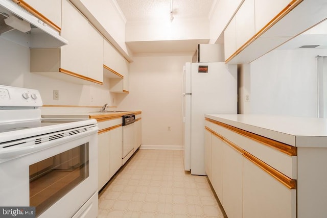 1211 S Eads St S Unit 401, Arlington, VA 22202 - kitchen with white appliances, under cabinet range hood, light flooring, crown molding, and light countertops