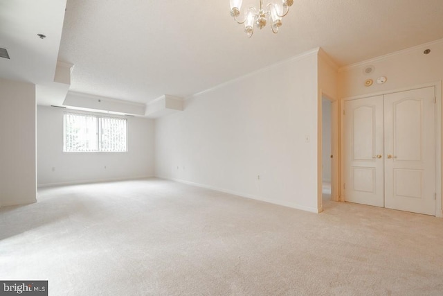 1211 S Eads St S Unit 401, Arlington, VA 22202 - unfurnished living room with ornamental molding, a chandelier, light colored carpet, and baseboards