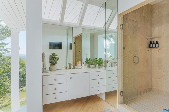 bathroom featuring vanity and a stall shower
