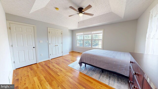 609 Quartzite Cir, Winchester, VA 22601 - bedroom featuring baseboards, ceiling fan, a textured ceiling, a raised ceiling, and light wood-style flooring