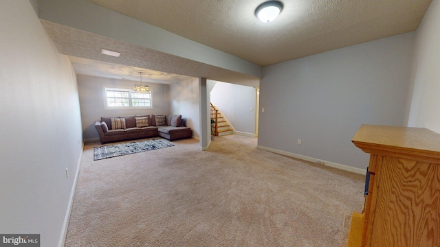 609 Quartzite Cir, Winchester, VA 22601 - living room with light colored carpet, a textured ceiling, baseboards, and stairway