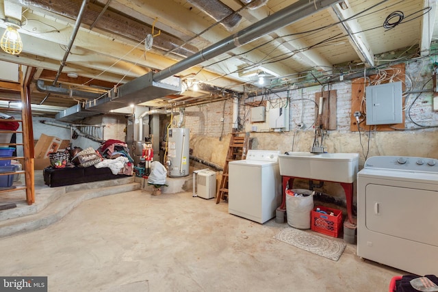 unfinished basement featuring gas water heater, electric panel, washing machine and dryer, a sink, and heating unit