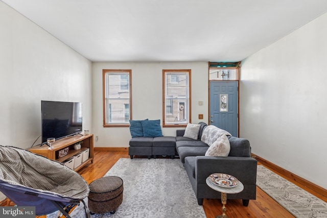 living room with baseboards and light wood-type flooring