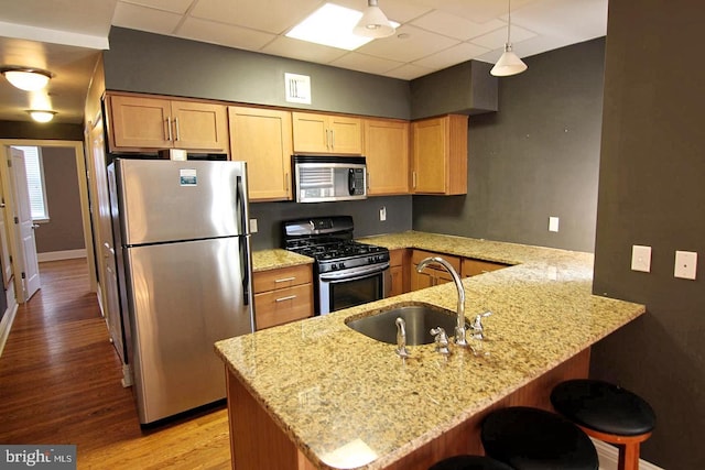 kitchen featuring light stone counters, a sink, a peninsula, light wood-style floors, and stainless steel appliances