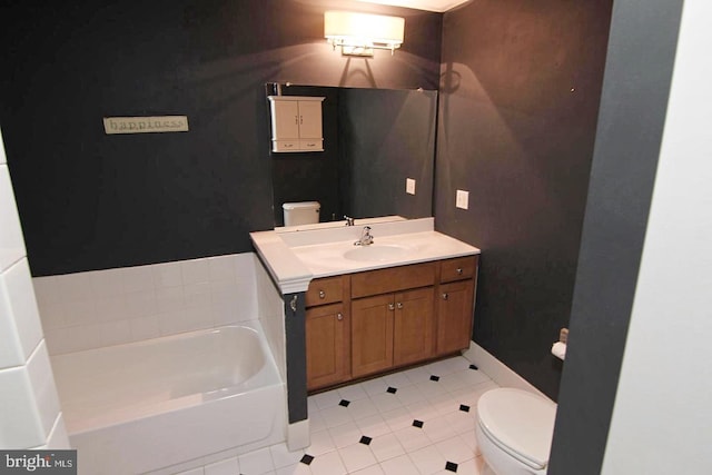bathroom featuring toilet, tile patterned flooring, a garden tub, and vanity