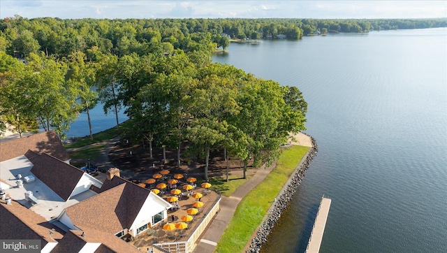 aerial view featuring a water view and a wooded view