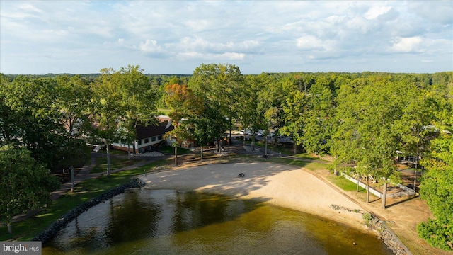 aerial view featuring a water view and a wooded view