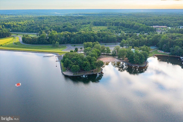 aerial view at dusk with a water view and a forest view
