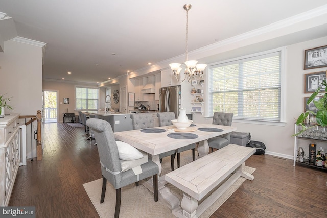300 Rock Run Cir, Broomall, PA 19008 - dining room with an inviting chandelier, baseboards, ornamental molding, and dark wood-style floors