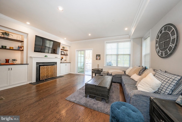 300 Rock Run Cir, Broomall, PA 19008 - living room with crown molding, recessed lighting, dark wood-style flooring, and a fireplace with flush hearth