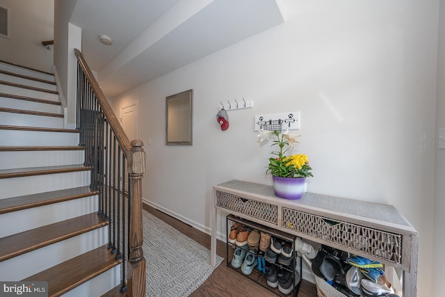 300 Rock Run Cir, Broomall, PA 19008 - stairway with baseboards, wood finished floors, and visible vents