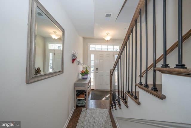300 Rock Run Cir, Broomall, PA 19008 - foyer entrance with baseboards, wood finished floors, visible vents, and stairway