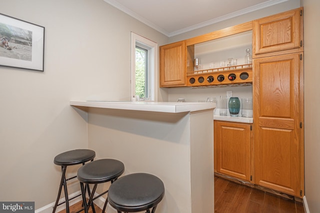 bar with dark wood-style flooring, baseboards, and ornamental molding