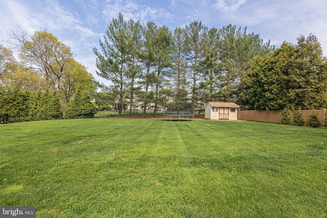 view of yard featuring an outdoor structure, a fenced backyard, a trampoline, and a storage shed