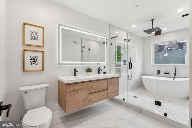 1104 N Bodine St, Philadelphia, PA 19123 - bathroom with visible vents, double vanity, marble finish floor, toilet, and a shower stall