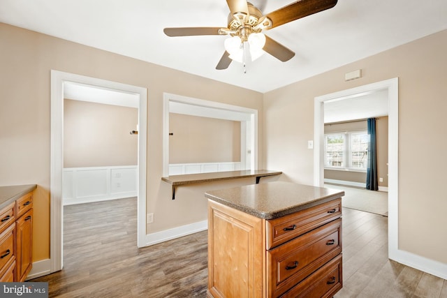 kitchen featuring a ceiling fan, light wood finished floors, and a center island