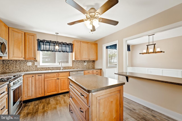 kitchen with ceiling fan, appliances with stainless steel finishes, decorative backsplash, and wood finished floors