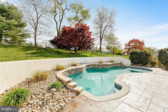 view of pool with a yard, a patio, a fenced in pool, and a fenced backyard