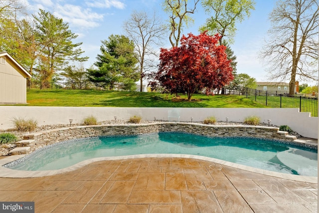 view of swimming pool with a fenced in pool, a yard, a fenced backyard, and a patio area