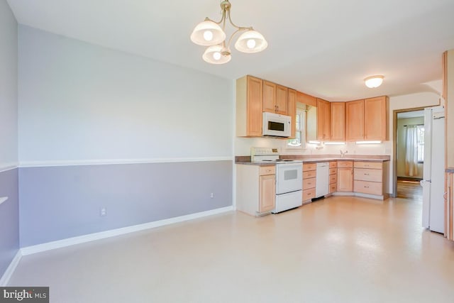 kitchen featuring light brown cabinetry, white appliances, a chandelier, baseboards, and finished concrete floors